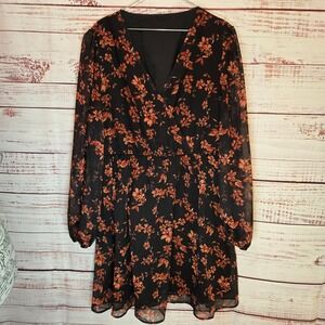 Cupshe NEW Black Floral Print V Neck Long Sleeve Dress Women's XXL
